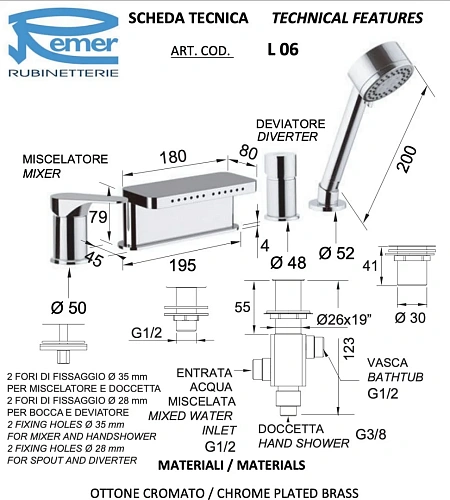 Смеситель для ванны Remer Class Line L06 Смеситель для ванны Remer Class Line L06