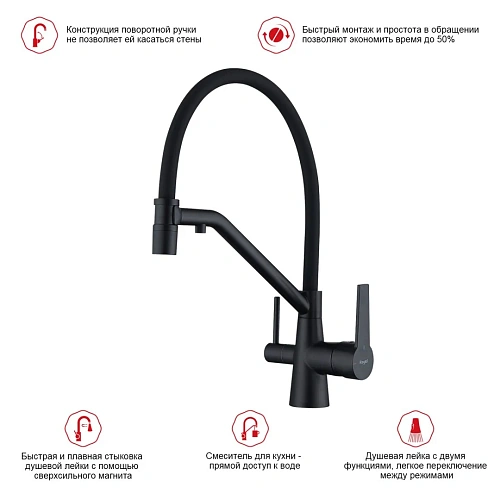 Смеситель для кухни Raglo R80.62.06 с гибким изливом с подключением к фильтру, черный Смеситель для кухни Raglo R80.62.06 с гибким изливом с подключением к фильтру, черный