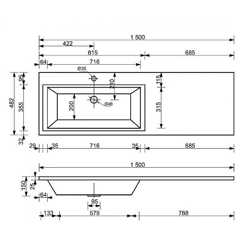 Тумба с раковиной Эстет Dallas Luxe ФР-00009685 1500х482 2 ящика левая, подвесная Тумба с раковиной Эстет Dallas Luxe ФР-00009685 1500х482 2 ящика левая, подвесная