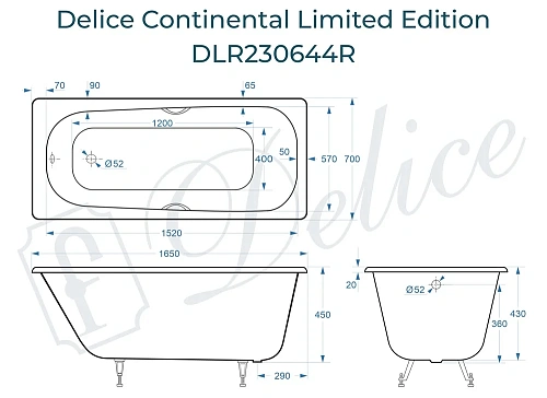Ванна чугунная Delice Continental Limited Edition 165х70 с отверстиями под ручки DLR230644R Ванна чугунная Delice Continental Limited Edition 165х70 с отверстиями под ручки DLR230644R