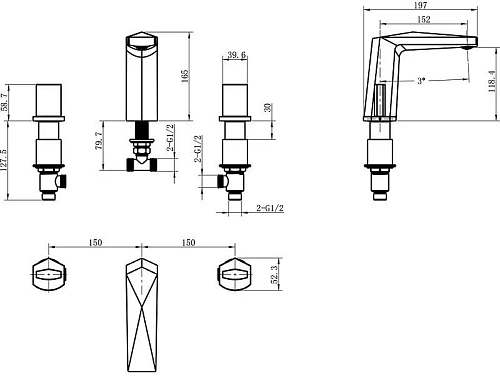 Смеситель на борт ванны Boheme Venturo 150-B-ICE на 3 отверстия черный, ручка ICE Смеситель на борт ванны Boheme Venturo 150-B-ICE на 3 отверстия черный, ручка ICE