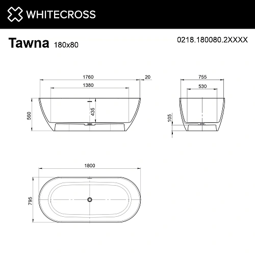 Ванна из искусственного камня WHITECROSS Tawna 180x80 RAL матовый Ванна из искусственного камня WHITECROSS Tawna 180x80 RAL матовый