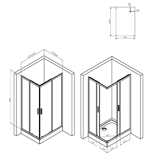 Душевой уголок AM.PM Gem S W93G-404-120280-BT S Twin Slide 120x80, профиль черный матовый, стекло прозрачное Душевой уголок AM.PM Gem S W93G-404-120280-BT S Twin Slide 120x80, профиль черный матовый, стекло прозрачное