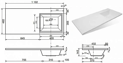 Раковина Эстет Даллас ФР-00001668 правая 1100х480 накладная Раковина Эстет Даллас ФР-00001668 правая 1100х480 накладная
