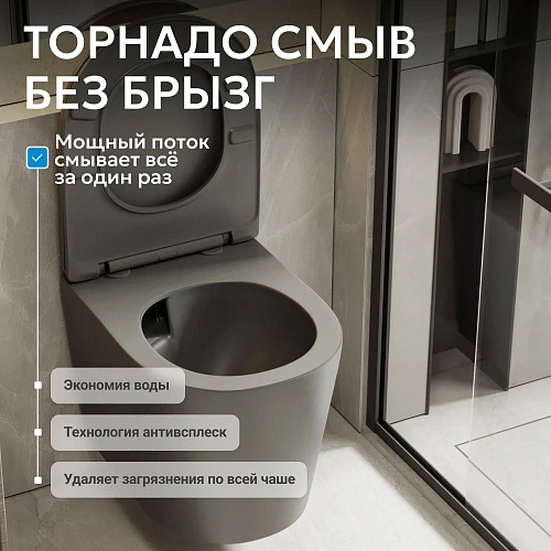Унитаз подвесной ABBER Bequem AC1102TMG серый матовый, безободковый, смыв торнадо Унитаз подвесной ABBER Bequem AC1102TMG серый матовый, безободковый, смыв торнадо