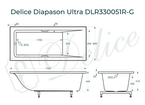 Ванна из искусственного камня Delice Diapason Ultra 170х80 DLR330051R-G с узким бортом глянцевая с ручками хром Ванна из искусственного камня Delice Diapason Ultra 170х80 DLR330051R-G с узким бортом глянцевая с ручками хром