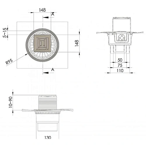 Душевой трап BERGES ZENTRUM Uno 150х150, матовый хром, выпуск D50/75/110 H74 вертикальный 090472 Душевой трап BERGES ZENTRUM Uno 150х150, матовый хром, выпуск D50/75/110 H74 вертикальный 090472