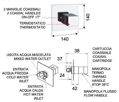Смеситель для душа Remer Q-Elegance QT30 термостатический Смеситель для душа Remer Q-Elegance QT30 термостатический