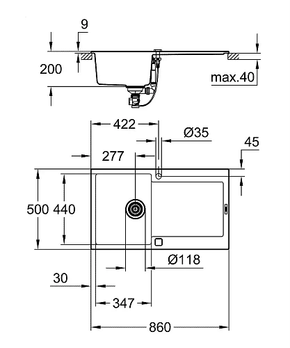 Кухонная мойка GROHE K500 с одной чашей, 860 x 500 мм, черный гранит (31644AP0) Кухонная мойка GROHE K500 с одной чашей, 860 x 500 мм, черный гранит (31644AP0)
