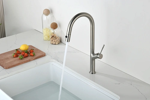 Смеситель для кухни AQUAme Cucina AQM9905BN с выдвижным изливом, с подключением к фильтру с питьевой водой, никель шлифованный Смеситель для кухни AQUAme Cucina AQM9905BN с выдвижным изливом, с подключением к фильтру с питьевой водой, никель шлифованный