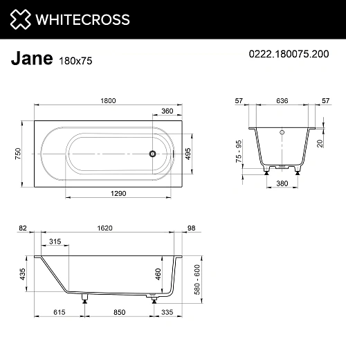 Ванна из искусственного камня WHITECROSS Jane 180x75 0222.180075.200 Solid Surface белый матовый Ванна из искусственного камня WHITECROSS Jane 180x75 0222.180075.200 Solid Surface белый матовый