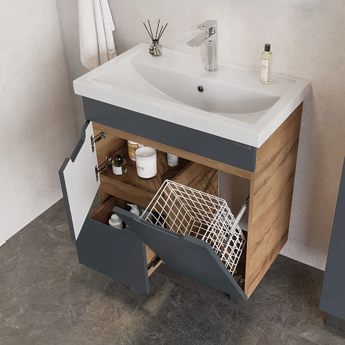 Тумба под раковину Onika Айленд 70 см 107069 напольная, графит/дуб крафт золотой, с корзиной (для Фостер 70) Тумба под раковину Onika Айленд 70 см 107069 напольная, графит/дуб крафт золотой, с корзиной (для Фостер 70)