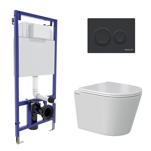 Комплект инсталляции BERGES NOVUM с клавишей смыва O5 Soft Touch черная, унитазом VITA Rimless 49 см и сиденьем микролифт, быстросъём 043378 Комплект инсталляции BERGES NOVUM с клавишей смыва O5 Soft Touch черная, унитазом VITA Rimless 49 см и сиденьем микролифт, быстросъём 043378