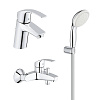 Картинка анонса товара «комплект смесителей grohe eurosmart new смесители для ванны и раковины, душевой набор (123582)»