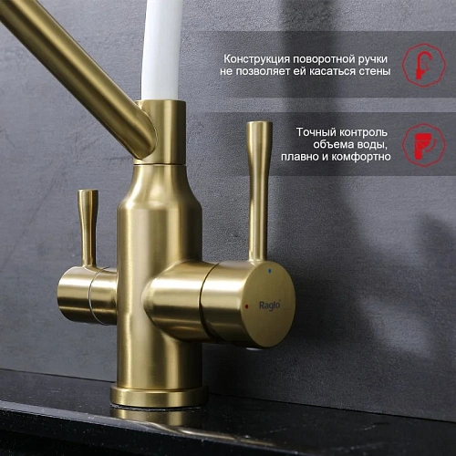 Смеситель для кухни Raglo R81.62.03 с гибким изливом с подключением к фильтру, золотой сатин Смеситель для кухни Raglo R81.62.03 с гибким изливом с подключением к фильтру, золотой сатин