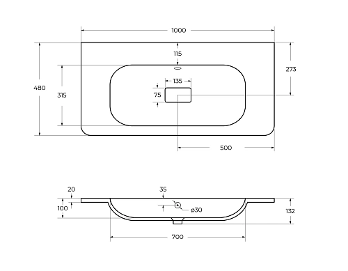 Раковина CEZARES CZR-1000/480-LV-MR-NV-W0 Раковина CEZARES CZR-1000/480-LV-MR-NV-W0