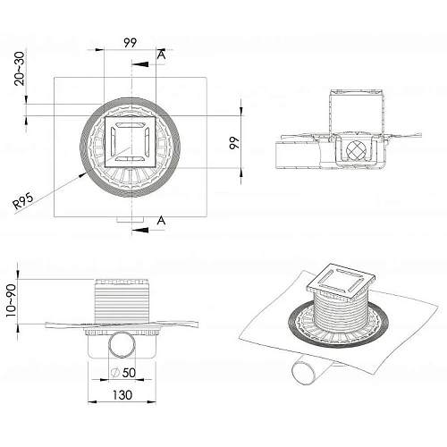 Душевой трап BERGES ZENTRUM Norma 100х100, матовый хром, выпуск D50 H65 боковой 090362 Душевой трап BERGES ZENTRUM Norma 100х100, матовый хром, выпуск D50 H65 боковой 090362