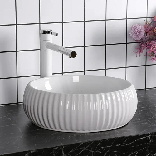 Раковина Ceruttispa CR0007 405х405х130 накладная, белая, круглая, ребристая Раковина Ceruttispa CR0007 405х405х130 накладная, белая, круглая, ребристая