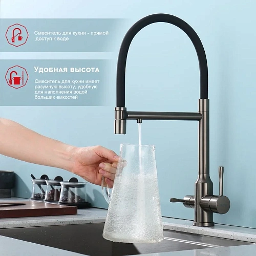Смеситель для кухни Raglo R81.63.09 с гибким изливом с подключением к фильтру, графит Смеситель для кухни Raglo R81.63.09 с гибким изливом с подключением к фильтру, графит