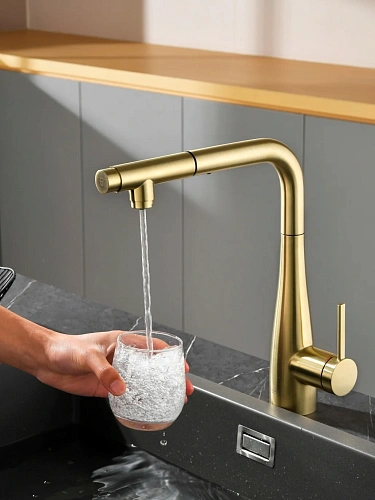 Смеситель для кухни AQUAme Cucina AQM9902BG с выдвижным изливом, золото шлифованное Смеситель для кухни AQUAme Cucina AQM9902BG с выдвижным изливом, золото шлифованное