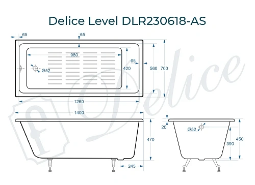 Ванна чугунная Delice Level 1400х700 с антискользящим покрытием DLR230618-AS Ванна чугунная Delice Level 1400х700 с антискользящим покрытием DLR230618-AS