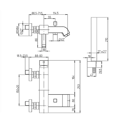 Смеситель для ванны Paini Q 19CR100 с аксессуаром Смеситель для ванны Paini Q 19CR100 с аксессуаром