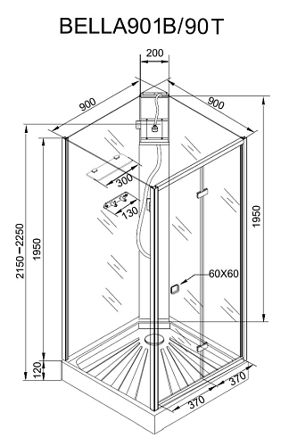 Душевая кабина Ceruttispa BELLA90T без крыши 90x90x215-225 профиль хром, стекло прозрачное Душевая кабина Ceruttispa BELLA90T без крыши 90x90x215-225 профиль хром, стекло прозрачное