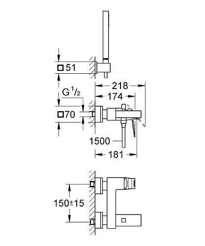 Смеситель для ванны GROHE Eurocube с душевым гарнитуром, хром (23141000) Смеситель для ванны GROHE Eurocube с душевым гарнитуром, хром (23141000)