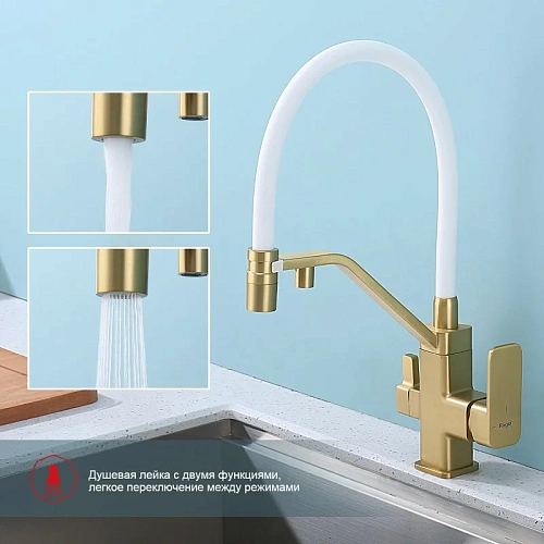 Смеситель для кухни Raglo R85.62.03 с гибким изливом с подключением к фильтру, золотой сатин Смеситель для кухни Raglo R85.62.03 с гибким изливом с подключением к фильтру, золотой сатин