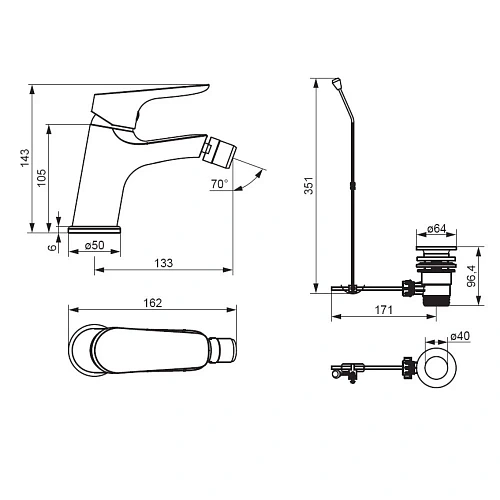 Смеситель для биде Damixa Jupiter 770240000 с донным клапаном, хром Смеситель для биде Damixa Jupiter 770240000 с донным клапаном, хром