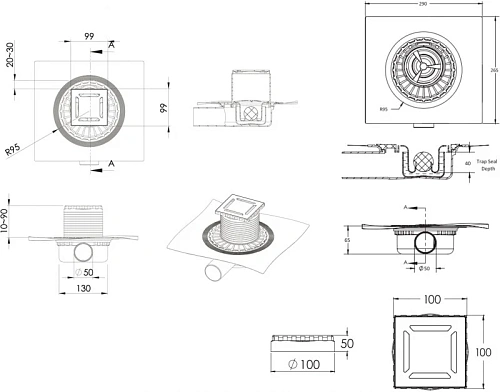Душевой трап BERGES ZENTRUM Norma 100х100, хром глянец, выпуск D50 H65 боковой 091362 Душевой трап BERGES ZENTRUM Norma 100х100, хром глянец, выпуск D50 H65 боковой 091362
