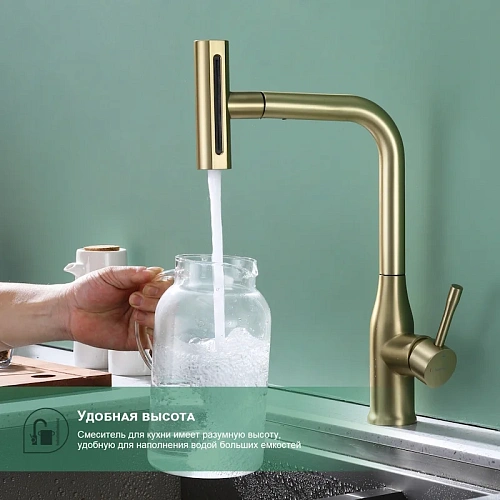 Смеситель для кухни Splenka S206.49.03 с выдвижным изливом, золотой сатин Смеситель для кухни Splenka S206.49.03 с выдвижным изливом, золотой сатин