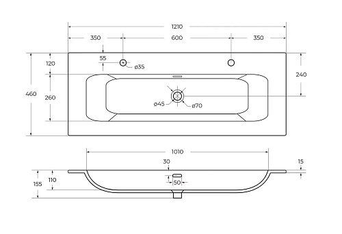Раковина CEZARES CZR-8073-120-1-2 белый 1210x460 керамика Раковина CEZARES CZR-8073-120-1-2 белый 1210x460 керамика