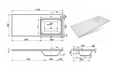 Тумба с раковиной Эстет Dallas Luxe ФР-00002306 1150х482 правая, подвесная 1 ящик Тумба с раковиной Эстет Dallas Luxe ФР-00002306 1150х482 правая, подвесная 1 ящик