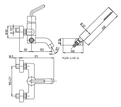 Смеситель для ванны Paini Pixel 81CR100 с душевым гарнитуром Смеситель для ванны Paini Pixel 81CR100 с душевым гарнитуром