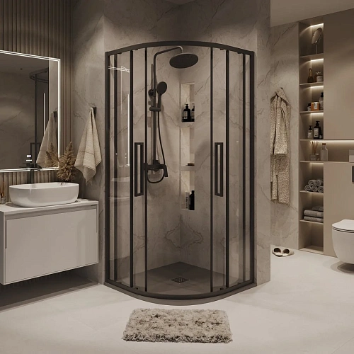 Душевой уголок GROSSMAN Cosmo 301.K33.02.9090.21.00 (90x90x195) полукруг,раздвижн,черн.матов,стекло прозрачн Душевой уголок GROSSMAN Cosmo 301.K33.02.9090.21.00 (90x90x195) полукруг,раздвижн,черн.матов,стекло прозрачн