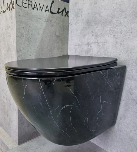 Унитаз подвесной CeramaLux 2212BM черный мрамор с крышкой микролифт Унитаз подвесной CeramaLux 2212BM черный мрамор с крышкой микролифт