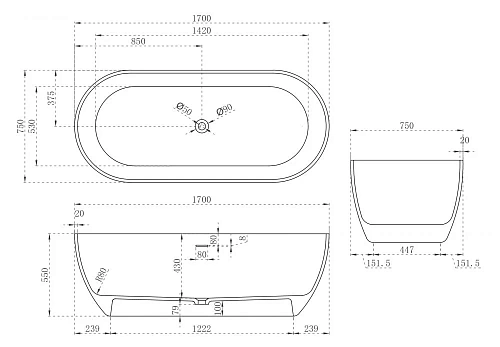 Ванна отдельностоящая ABBER AS9613-1.7 170x75 универсальная, белая матовая, искусственный камень Ванна отдельностоящая ABBER AS9613-1.7 170x75 универсальная, белая матовая, искусственный камень