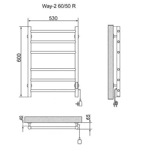 Полотенцесушитель электрическийкабельный Ника WAY-2 60/50 RAL9005 черный матовый U Полотенцесушитель электрическийкабельный Ника WAY-2 60/50 RAL9005 черный матовый U