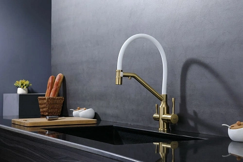 Смеситель для кухни Raglo R81.62.03 с гибким изливом с подключением к фильтру, золотой сатин Смеситель для кухни Raglo R81.62.03 с гибким изливом с подключением к фильтру, золотой сатин