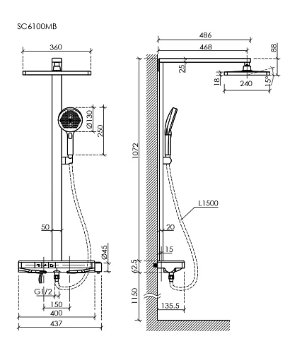 Душевая система Sancos Vos SC6100MB с термостатом, изливом, полкой, шлангом 1,5 м, верхним и ручным душем, черный матовый Душевая система Sancos Vos SC6100MB с термостатом, изливом, полкой, шлангом 1,5 м, верхним и ручным душем, черный матовый
