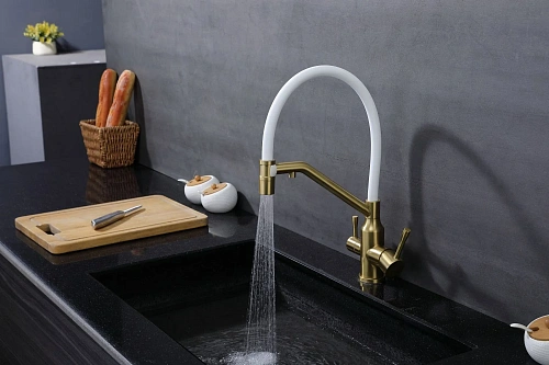 Смеситель для кухни Raglo R81.62.03 с гибким изливом с подключением к фильтру, золотой сатин Смеситель для кухни Raglo R81.62.03 с гибким изливом с подключением к фильтру, золотой сатин
