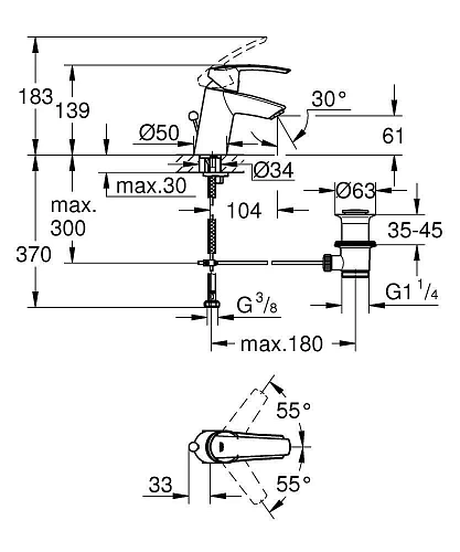 Смеситель для раковины GROHE Start с донным клапаном, S-size, хром (32559001) Смеситель для раковины GROHE Start с донным клапаном, S-size, хром (32559001)
