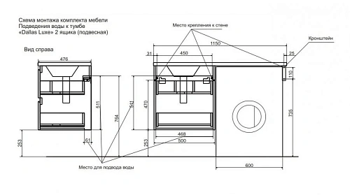 Тумба с раковиной Эстет Dallas Luxe ФР-00002297 1150х482 правая, подвесная 2 ящика Тумба с раковиной Эстет Dallas Luxe ФР-00002297 1150х482 правая, подвесная 2 ящика