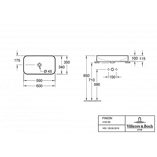 Раковина Villeroy & Boch Finion 414361R1 (4143 61 R1) CeramicPlus Раковина Villeroy & Boch Finion 414361R1 (4143 61 R1) CeramicPlus
