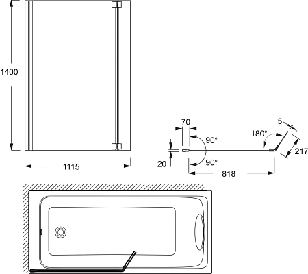 Шторка на ванну Jacob Delafon Bain-Douche Neo 111,5х142 см, серый блестящий, стационарная, прозрачна E4930-GA Шторка на ванну Jacob Delafon Bain-Douche Neo 111,5х142 см, серый блестящий, стационарная, прозрачна E4930-GA