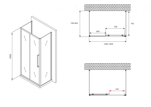 Душевой уголок ABBER Schwarzer Diamant AG30150BMH-S80BM-S80BM 150x80 см универсальный, профиль черный, стекло матовое Душевой уголок ABBER Schwarzer Diamant AG30150BMH-S80BM-S80BM 150x80 см универсальный, профиль черный, стекло матовое