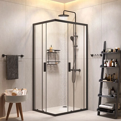 Душевой уголок AM.PM Gem S 100х80 WK93EQ с душевой системой и аксессуарами, профиль черный матовый, стекло прозрачное Душевой уголок AM.PM Gem S 100х80 WK93EQ с душевой системой и аксессуарами, профиль черный матовый, стекло прозрачное