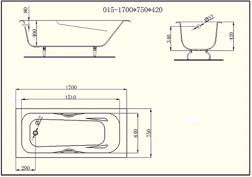 Ванна чугунная BYON 15 170x75x42 ручки хром V0000221 Ванна чугунная BYON 15 170x75x42 ручки хром V0000221