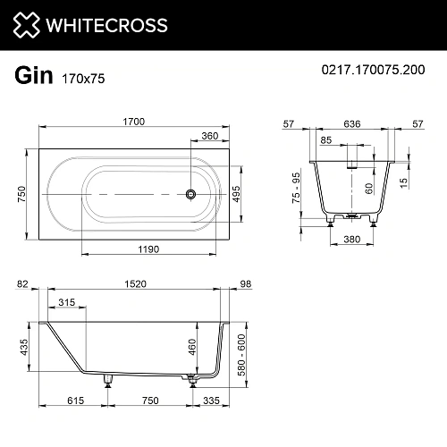 Ванна из искусственного камня WHITECROSS Gin 170x75 белый матовый 0217.170075.200 Ванна из искусственного камня WHITECROSS Gin 170x75 белый матовый 0217.170075.200